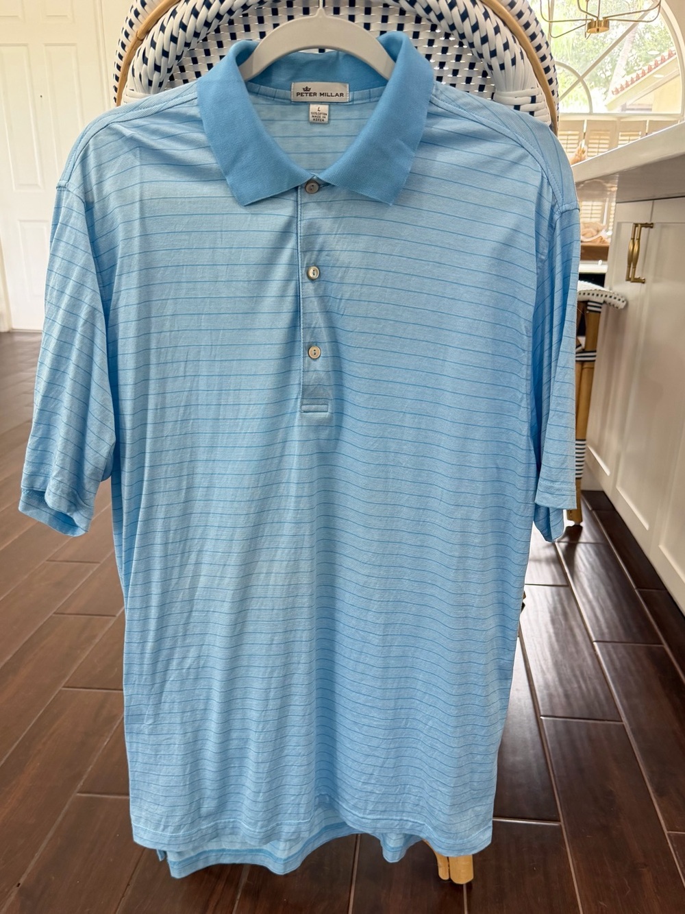 Peter Millar Men's Size Large Light Blue Striped Golf Polo Shirt Short Sleeve - Picture 1 of 3